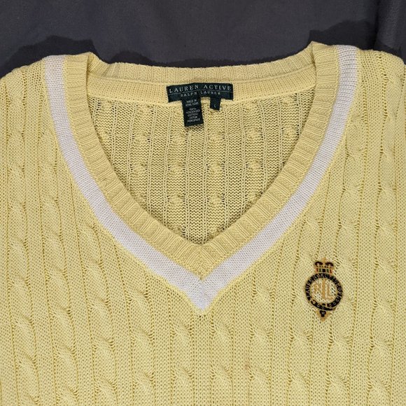 Lauren Active | Women's Cable Knit Cotton V-Neck Sweater Yellow Large - Picture 3 of 4